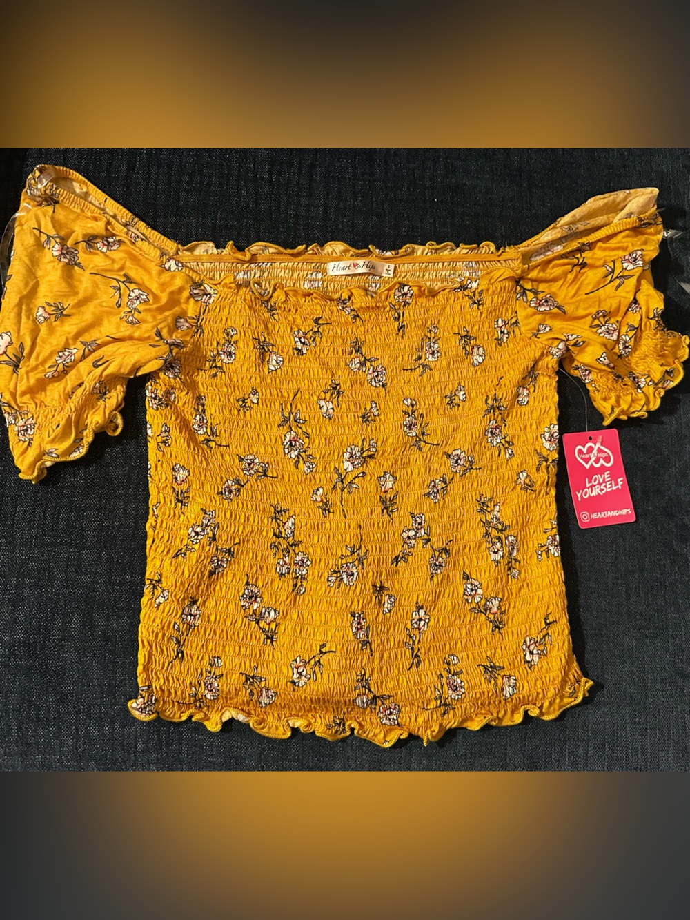 Heart Hips Mustard Floral Smocked Off-Shoulder Crop Top